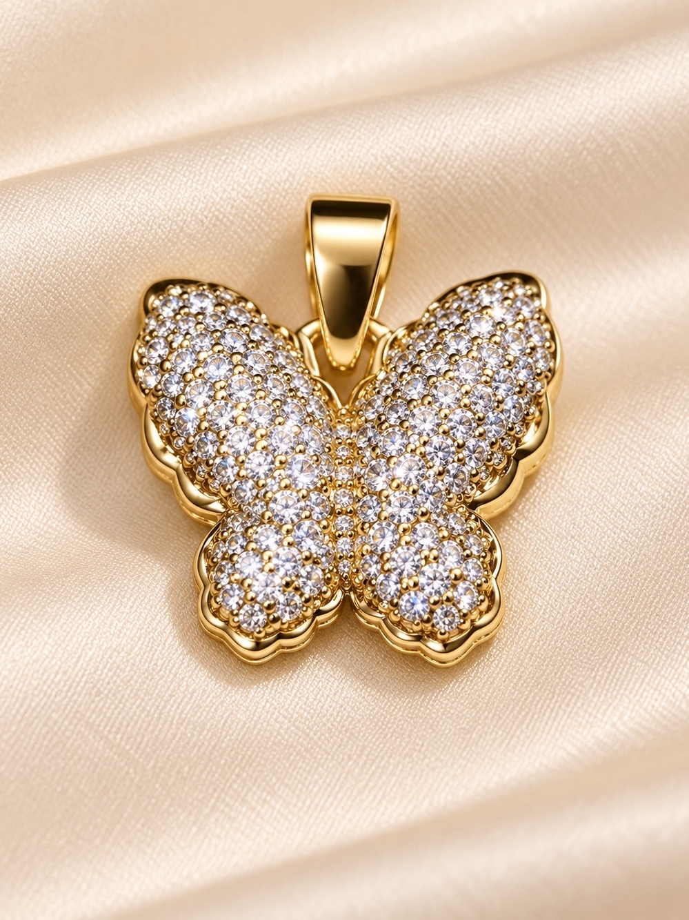 15k. Laminated Gold Butterfly Pendant Necklace - Sparkling Crystal Accent